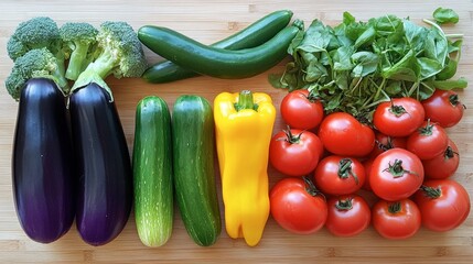 A variety of fresh vegetables laid out on a wooden cutting board, ready for cooking a vegetarian meal.