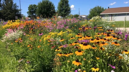 Obraz premium A vibrant display of wildflowers in a community garden, showcasing local efforts to promote biodiversity and appreciation for nature.