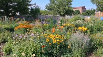 Obraz premium A vibrant display of wildflowers in a community garden, showcasing local efforts to promote biodiversity and appreciation for nature.