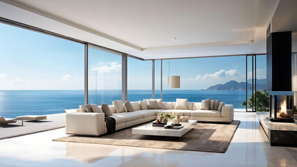 Luxury architecture, ocean front property landscape. Modern living room interior design with sleek contemporary designer furniture, minimalist decor large windows, panoramic coastal view background