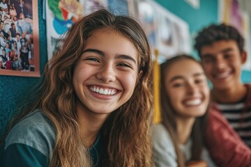 Obraz premium High-school graduates celebrating their college acceptance, surrounded by posters and other dorm room essentials, smiling with pride