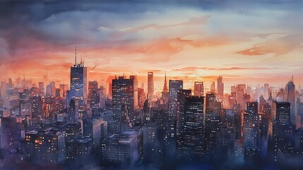 Fototapeta premium Watercolor Painting of a City Skyline at Sunset