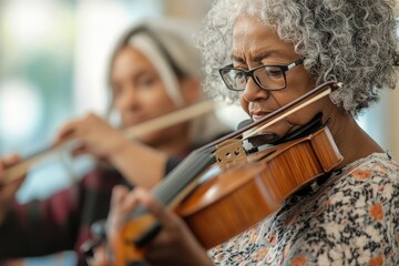 A senior woman learning to play a musical instrument with the guidance of a patient teacher, focusing intently on her lesson