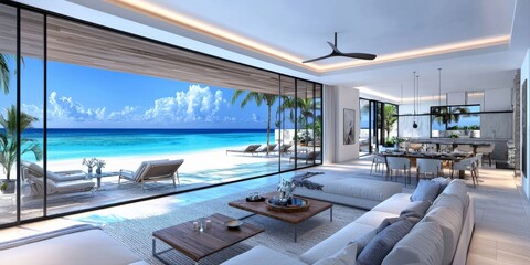 Obraz premium A modern beachfront living room with large sliding glass doors, light-colored furniture, and a sea view in the background, offering a serene panoramic scene