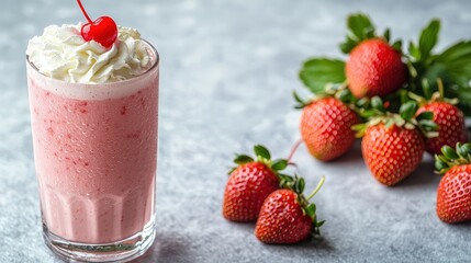 Delicious Strawberry Milkshake with Whipped Cream and Cherry