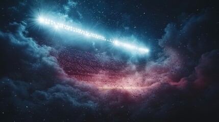 Fototapeta premium Dramatic Stadium Lights Piercing Night Sky Soccer Match Atmosphere Cinematic Lighting