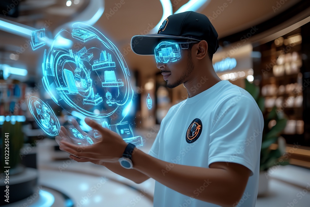 Aufkleber Futuristic scene of a shopper using holographic displays to browse items in a digital shopping spree, with virtual products floating around them in a sleek, modern mall