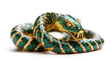 Fototapeta premium Colorful snake sculpture with intricate designs on a white isolated background.