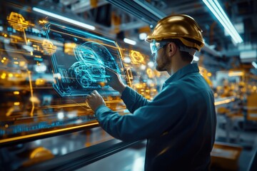 Very realistic and photographic photo of an engineer focused on a holographic display in a state-of-the-art electric vehicle manufacturing plant. The metallic gold and deep blue color scheme