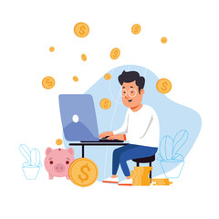 rich man on laptop with gold coin vector illustration