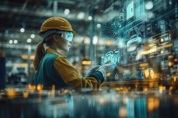 Very realistic and photographic photo of an engineer in a cutting-edge electric vehicle factory, surrounded by holographic data displays. The futuristic scene emphasizes business innovation, with