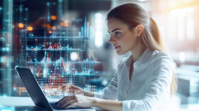 Very realistic and photographic photo of a young professional woman analyzing market data on a laptop, enhanced by a futuristic holographic display focused on business innovation. Styled in a