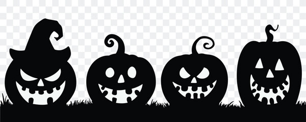 Obraz premium Black Halloween pumpkins with spooky faces on a transparent background. Perfect for Halloween-themed designs, banners, invitations, and social media posts. vector 