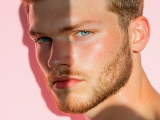 Obraz premium デジタルメディアとファッションデザインのための、柔らかな日光の下で髭を生やした若い男性のポートレート