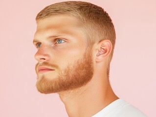 Obraz premium ファッションとライフスタイルのメディアのためのパステル調の背景にひげを生やした若い男性の肖像画