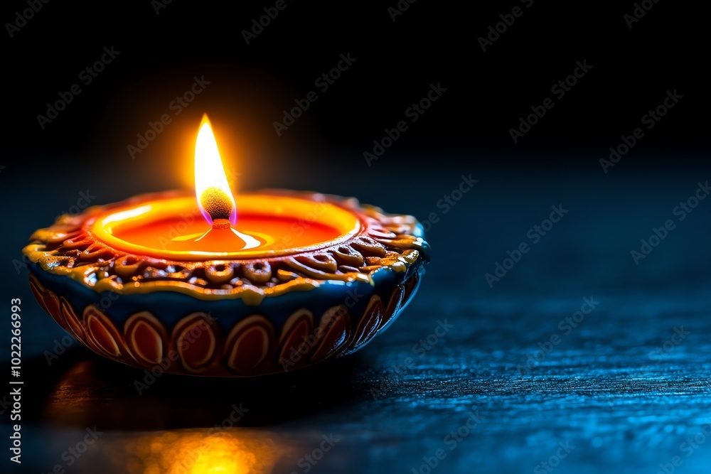 Poster hyper-realistic close-up of a single diya (oil lamp) glowing in the dark, with intricate details of 
