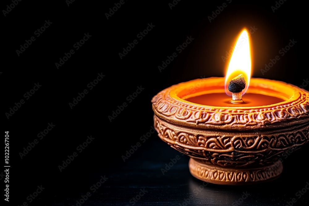 Poster hyper-realistic close-up of a single diya (oil lamp) glowing in the dark, with intricate details of 