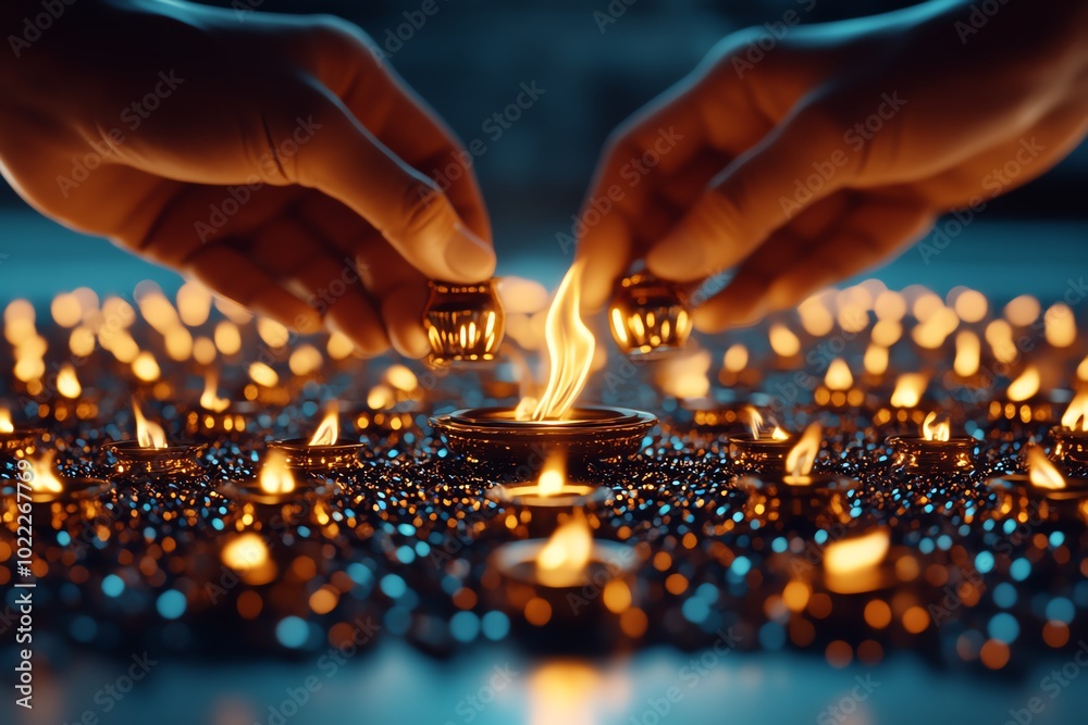Poster hyper-realistic close-up of hands lighting small oil lamps in a beautifully arranged pattern, captur