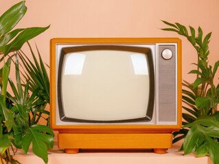 熱帯植物をあしらったヴィンテージテレビ -...