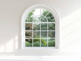 家の装飾とインテリアデザインのための半円形の窓から見える春の静けさ