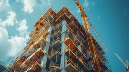 Frame shot of a construction crew working on a new housing development with cranes and scaffolding against a backdrop of blue sky
