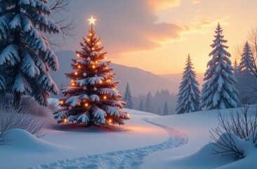 Obraz premium A serene winter landscape featuring a beautifully lit Christmas tree at sunset, surrounded by snowy pine trees