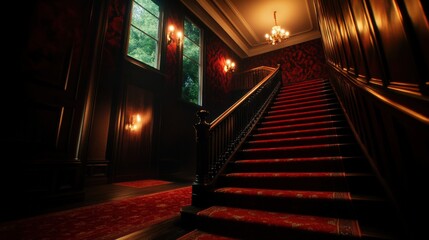 Fototapeta premium Elegant staircase with vintage chandeliers in moody lighting and rich decor.