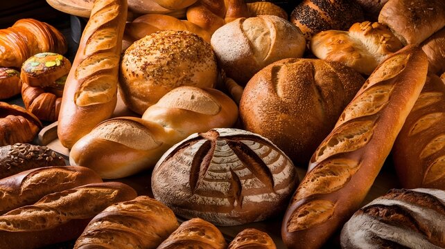 Assorted loaves, baguettes, ciabatta, focaccia, and croissants on a wooden board