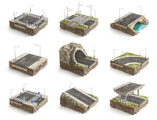 pieces of road. Can see road structure. 3d illustration	