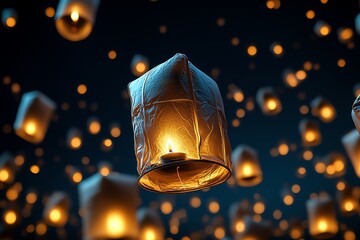 Hyper-realistic image of hundreds of floating lanterns being released into the night sky, with detailed textures of the lanterns and the soft glow of their light