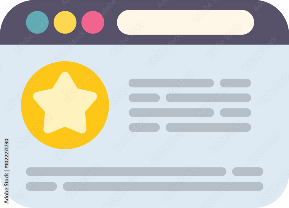 Poster browser window displaying customer review with star rating icon, concept of online feedback and eval