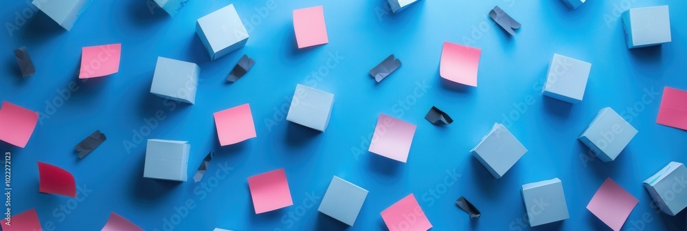 Poster brightly colored sticky notes and cubes are scattered on a blue surface, representing interactive po