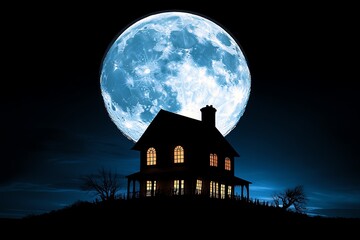 Minimalist depiction of a dark, haunted house silhouette against a full moon, symbolizing the spookiness of Halloween