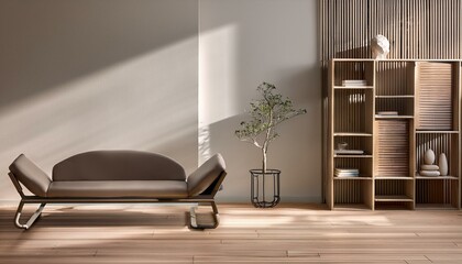 a modern chaise lounge, minimalist metal shelving, and a light oak floor, leaving one wall c 