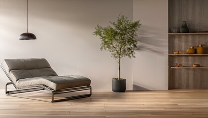 a modern chaise lounge, minimalist metal shelving, and a light oak floor, leaving one wall c 