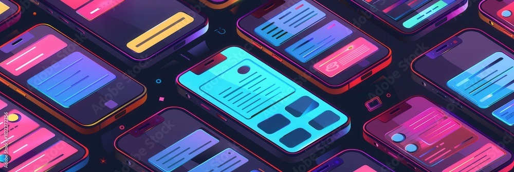 Aufkleber Multiple smartphones are illuminated by brightly colored screens showing engaging stories and short videos, reflecting digital trends. Generative AI