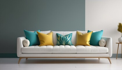 A sleek white sofa centered against a plain light-gray wall, adorned with vibrant teal and m