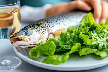 Minimalist depiction of a fish and leafy greens on a clean plate, symbolizing the fresh and healthy options available in a low-carb diet