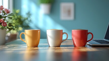Fototapeta premium Three coffee mugs in yellow, white, and red colors on a wooden table with a laptop.