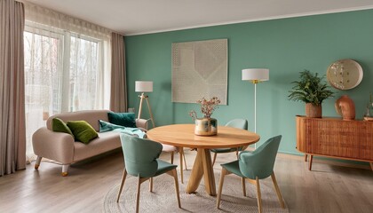 Mid-century modern living room with mint-colored dining chairs encircling a round wooden tab