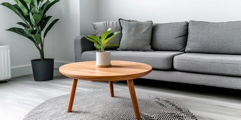 A modern Scandinavian living room with soft gray tones, a light wood coffee table, minimalist decor, and a few green plants bringing a touch of nature into the space
