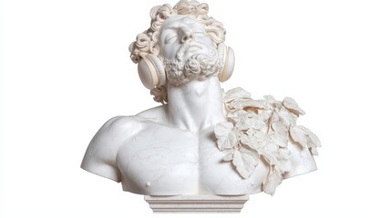 Obraz premium Ancient Greek Bust Sculpture Wearing Headphones Marble Statue Modern Art Isolated on Wh