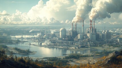 Industrial landscape with smokestacks and a river under cloudy skies.