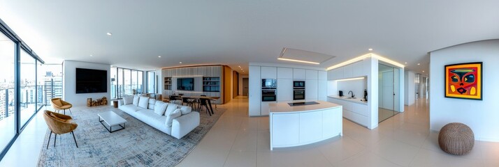 A panoramic view of a modern white apartment, with a sleek kitchen island, a cozy white sofa, and minimalist furnishings, providing an open and uncluttered space filled with light