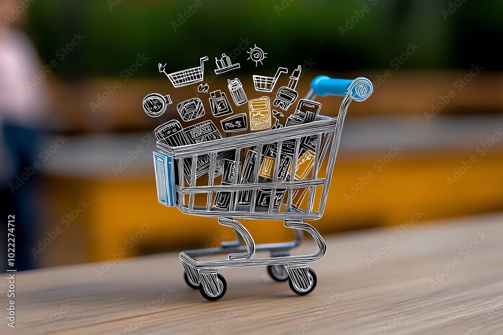 Poster Minimalist design of a shopping cart overflowing with simple line-drawn items, symbolizing the excitement of a shopping spree