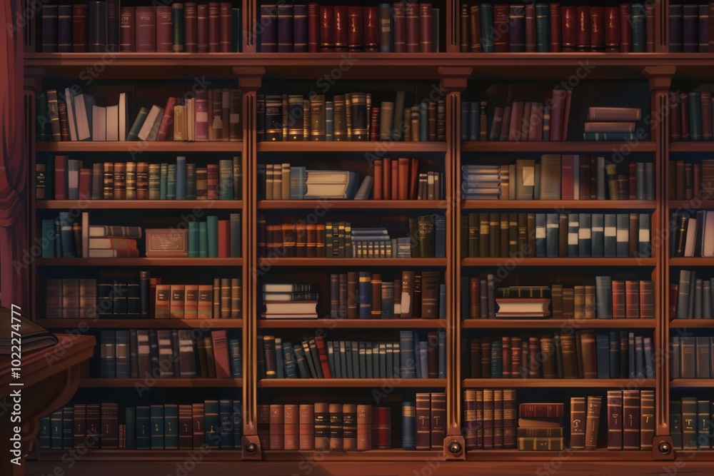Poster rows of wooden shelves are filled with various textbooks and academic literature, creating a scholar