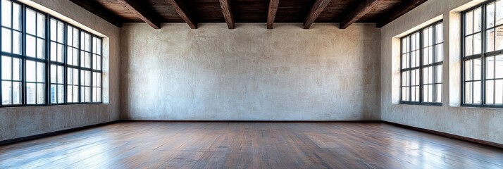 A rustic empty room with rough-textured stucco walls, dark wood beams on the ceiling, and wide plank wooden floors, creating a warm and organic background in panoramic format