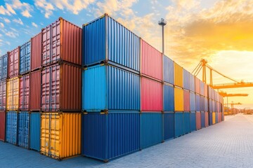 Fototapeta premium Colorful Shipping Containers Stacked in an Industrial Storage
