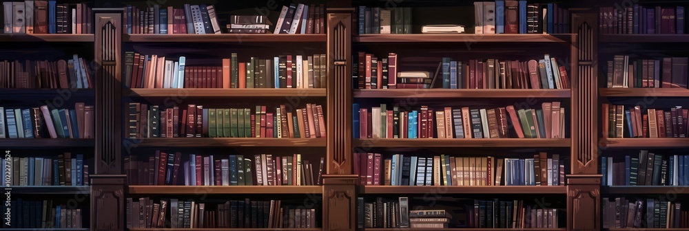 Poster Shelves filled with various textbooks, academic literature, and decorative items create an inviting study atmosphere in the room. Generative AI