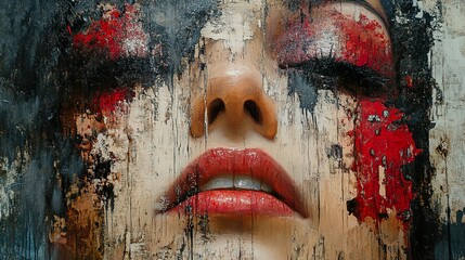 Close-Up Portrait with Red Lips and Abstract Background